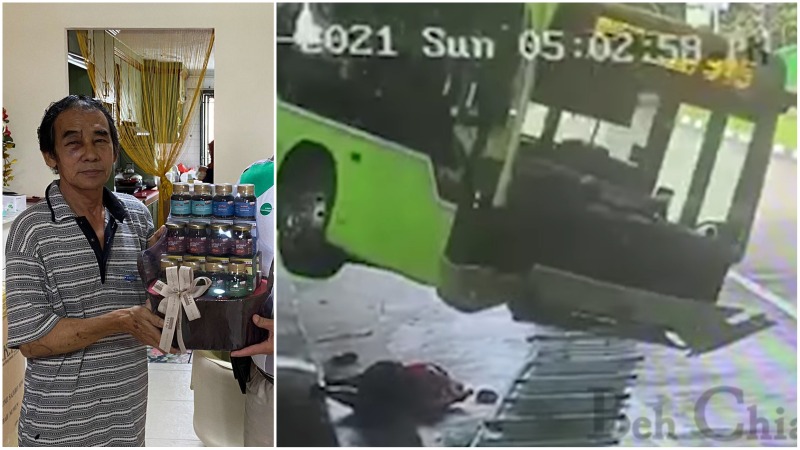 At left, the driver of the bus which flipped to its side and a screenshot from the surveillance footage of the accident on Sunday, at right. Photos: Tower Transit/Facebook, Beh Chia Lor/Facebook
