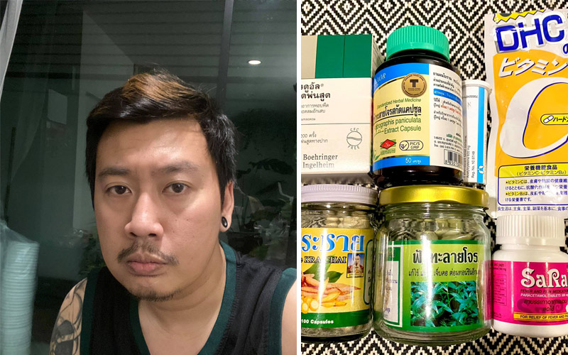 Ponlawat Poungsiri and the stuff he spent THB3,000 to ride out COVID-19 at home. Photos: Ponlawat Poungsiri