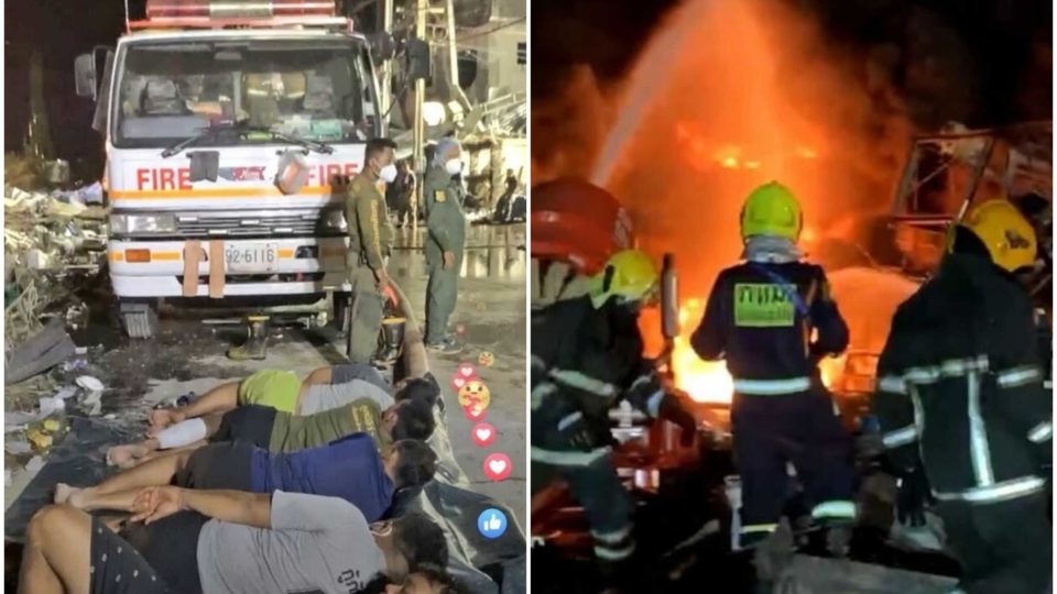 Firefighters had to take shifts to rest overnight at the Ming Dih Chemical factory, at left, and firefighters sprayed water to extinguish the fire, at right. 