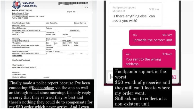 Screenshots of the police report and messages with delivery platform Foodpanda. Photos: Amynuramira/Instagram
