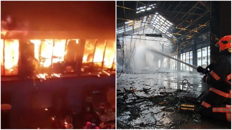 The fire on the second floor of the building at Geylang Bahru, at left. A firefighter extinguishing the fire from the inside, at right. Photos: Sgfollowsall/Instagram, SCDF/Facebook
