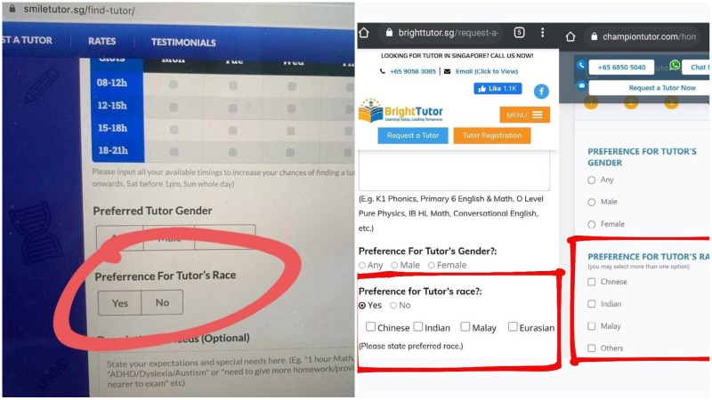 Tutor application pages of several home tutoring agencies with options to select a tutor’s race. Images: Wake Up, Singapore/Facebook
