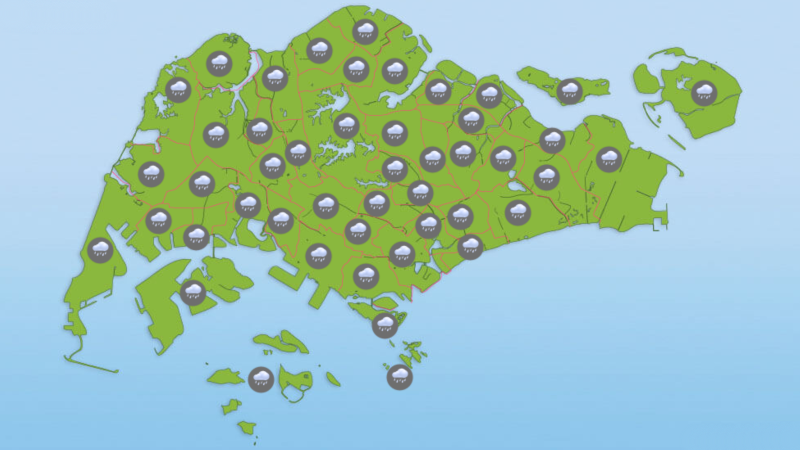 Predicted weather across Singapore from 1:30pm to 3:30pm today. Image: Meteorological Service Singapore
