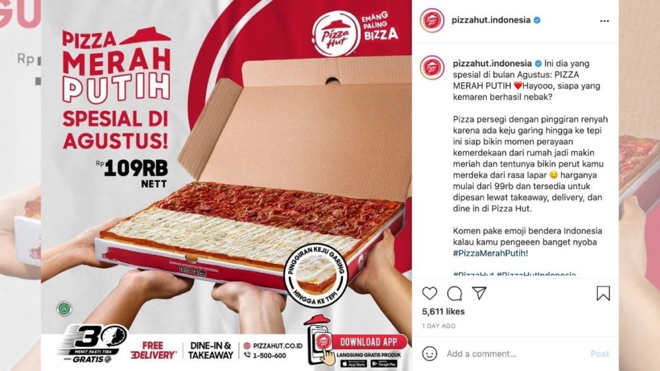 Celebrate Indonesia’s Independence Day with a patriotic pizza dinner, as popular pizza chain Pizza Hut has just launched a limited red-and-white pizza resembling the country’s flag. Screenshot from Instagram/@pizzahut.indonesia