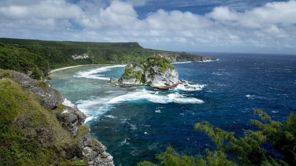 Bird Island (Isleta’n Maigo Fahang) is situated in a picturesque bay in Saipan’s rugged northeastern coast. Photo courtesy of Marianas Visitors Authority. 