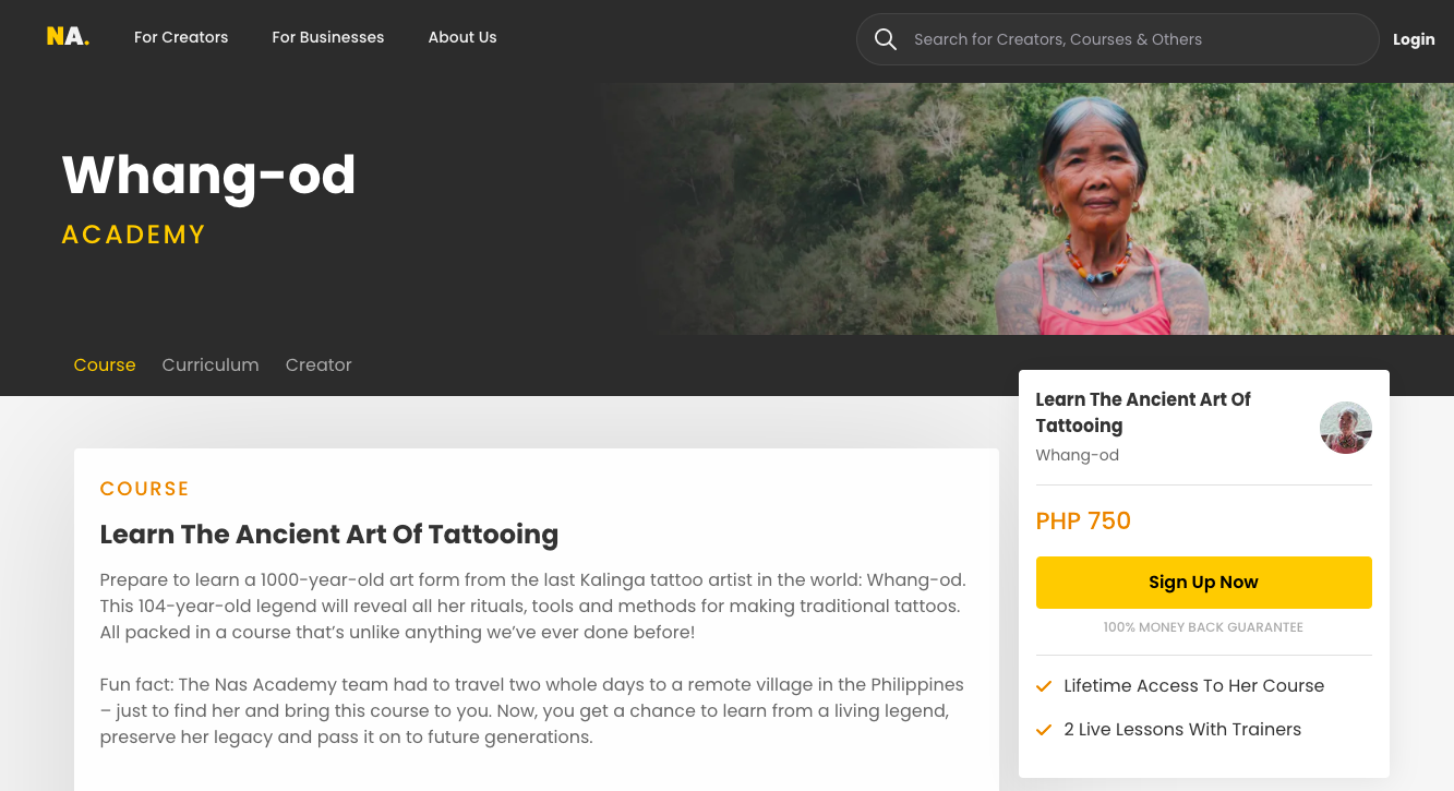 The sign-up page for Whang Od Academy, which has since been taken down by Nas Academy (nasacademy.com)