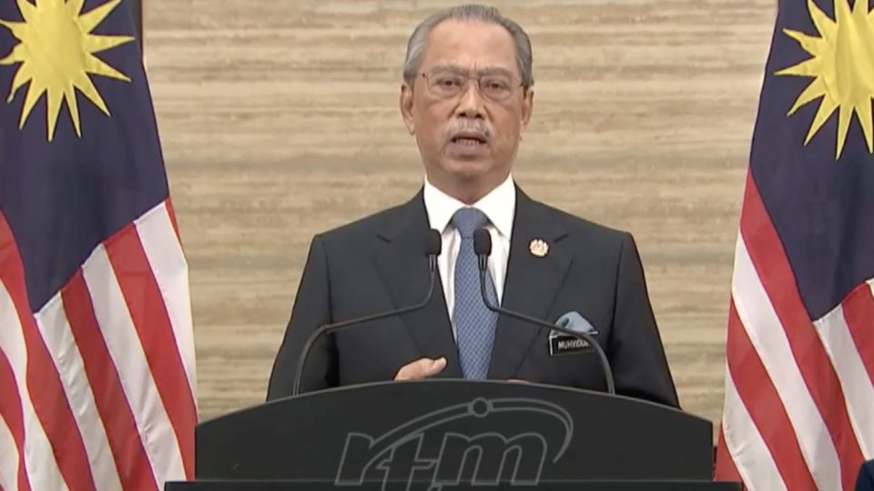 Muhyiddin Yassin addresses Malaysians in a televised address on Aug. 16, 2021. Photo: RTM 