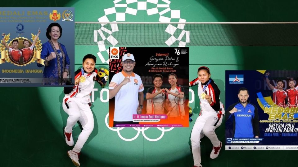 Few, if any, politicians had anything to do with Olympic heroes Greysia Polii (R) and Apriyani Rahayu’s (L) victory in the badminton women’s doubles category yesterday. Yet we wouldn’t know it judging by politicians’ tacky congratulatory posters that relegate the athletes to the background. Background photo from Twitter/@Olympics