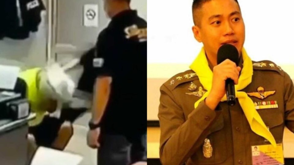 Thitisan Uttanaphon oversees and participates in the murder of a 24-year-old man at his police station in 2021, at left, and appears in a file photo at right.