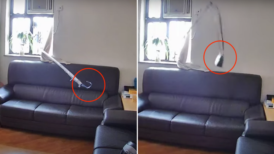 The woman came out to the living room to find the bag being airlifted out the Sham Shui Po apartment window. Screenshots via YouTube/車CAM特警