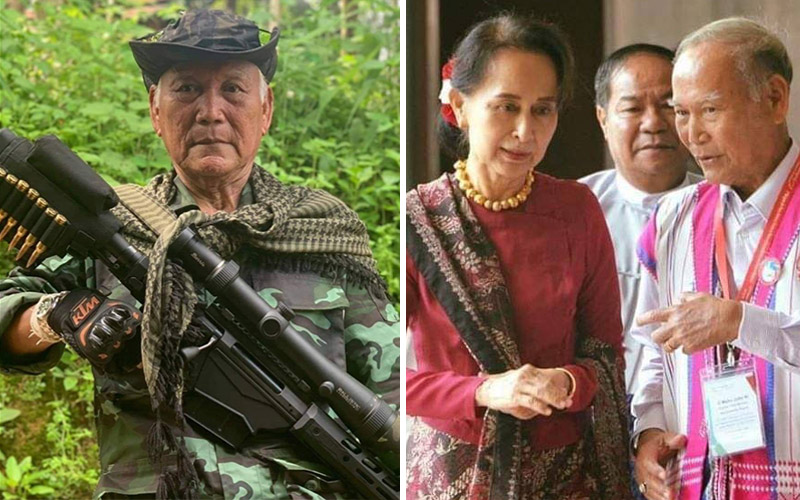 Mahn Johnny, at left. With Aung San Suu Kyi in a file photo at right. Photos: Dawkalu Network,
Mahn Johnny