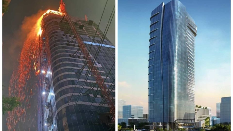 Fire erupted at the top floor of S-Oasis building last night, at left, and a file photo of S-Oasis anticipated to complete early 2022.
