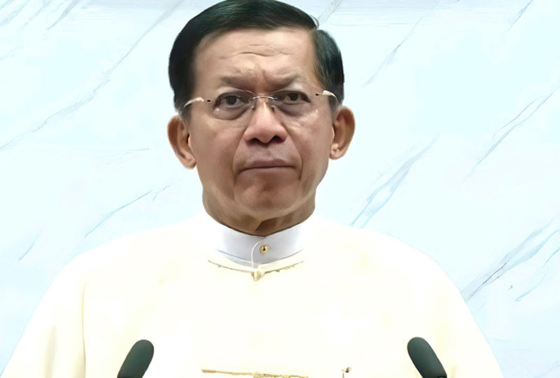 Junta chief Min Aung Hlaing addresses the nation Sunday. Image: Tatmadaw News 