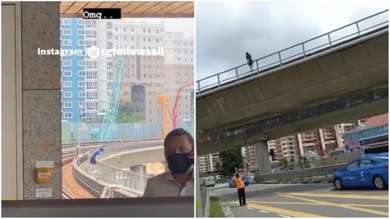 Screenshots show a girl lean from an elevated railing Monday afternoon. Images: Sgfollowsall/Instagram, Mrtsginfo/Twitter
