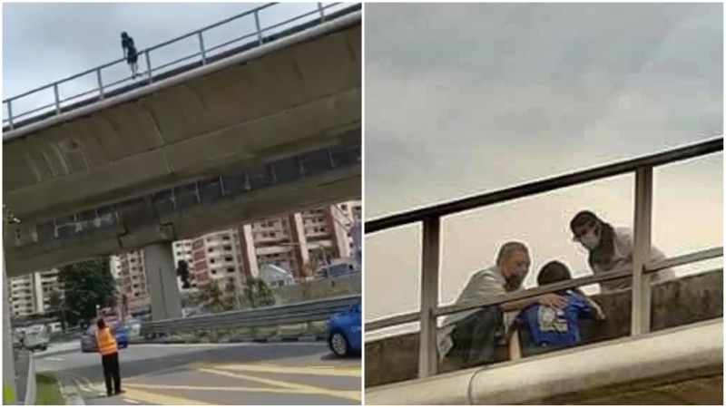 At left, the girl leaning onto the railings of the train track on Monday. SMRT staff consoling the girl, at right. Photo: Death Kopitiam/Facebook, @Smrtsginfo/Twitter
