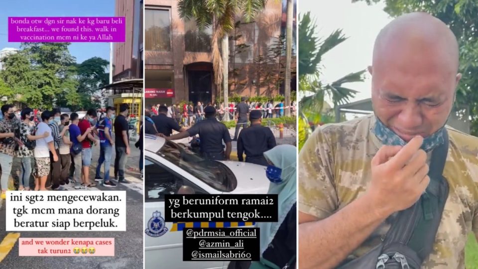 Screenshots of Instagram videos showing a long queue outside Grand Seasons in Kuala Lumpur on Aug. 11, 2021, and Malaysian Shakib Samsudin in tears. Photos: bondaumirahtaib/Instagram