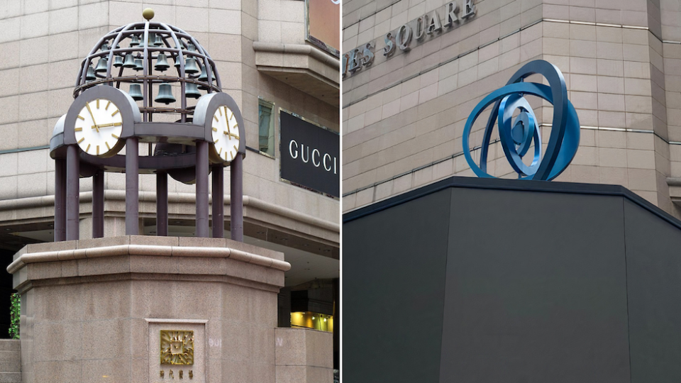 The iconic Times Square landmark has been replaced with a bizarre new design that has been compared to icons in Pokemon games. Photos: Wikimedia Commons (left), Vanesse Chan (right)
