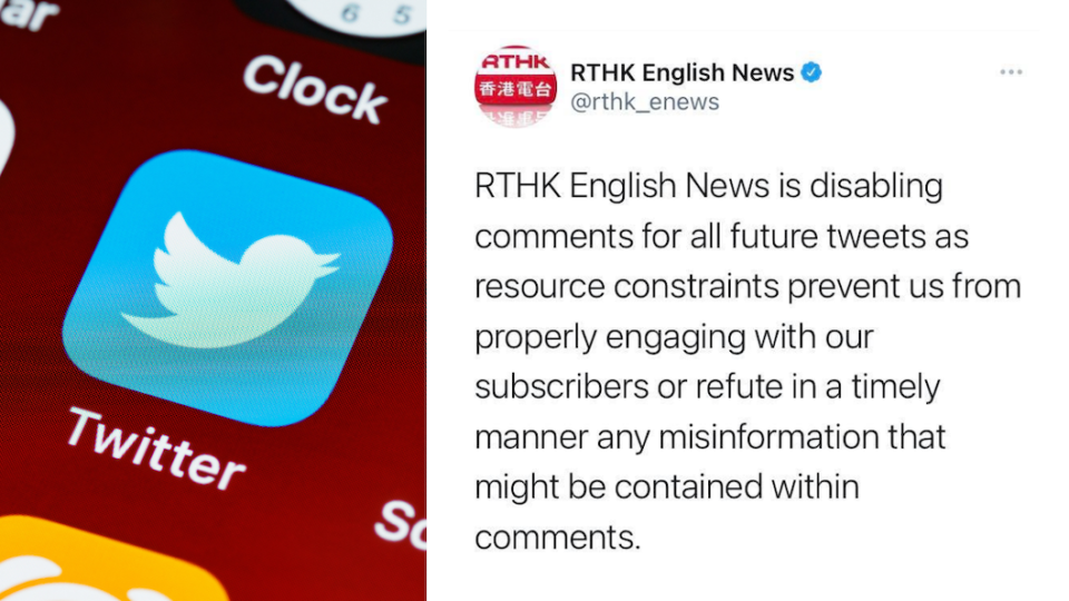 The government broadcaster disabled comments on future tweets and deleted its old posts. Photos: Pexels/Brett Jordan (left) and Twitter/rthk_enews (right)