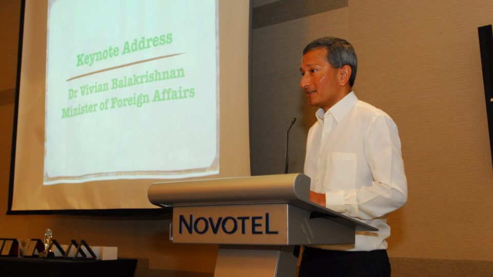 Foreign Affairs Minister Vivian Balakrishnan speaks in a 2018 file photo at Novotel Singapore. Photo: Singapore Shell Employees’ Union