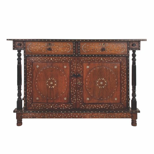 ‘A Pampanga master inlaid 4-post comoda’, 3rd quarter, 19th century, Narra top / case / inners, kamagong posts / top frame, bone / kamagong / lanite inlays, kamagong pulls