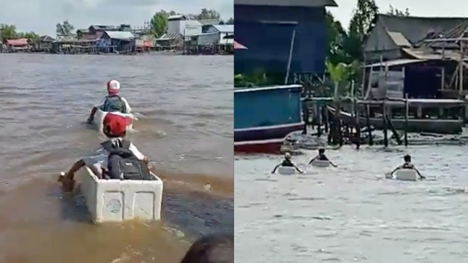 A video of elementary school boys crossing the river using styrofoam boxes in South Sumatra has been making its social media rounds in Indonesia this week, only to be met with local authorities undermining what is rightly a public concern. Screenshots from TikTok/@boykehapiler