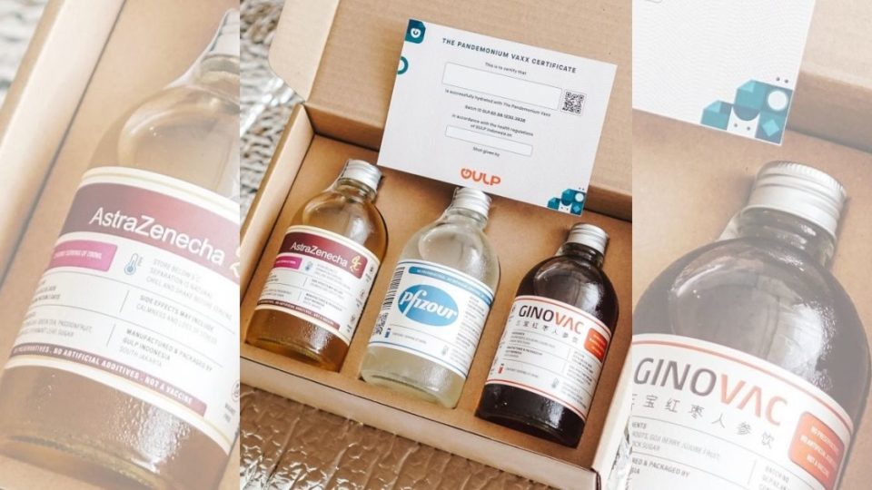 Gulp Indonesia, a newcomer to Jakarta’s growing kombucha scene amid the pandemic, is offering a COVID-19-themed drink series called the Pandemonium Vaxx. Photo: Instagram/@gulp.idn