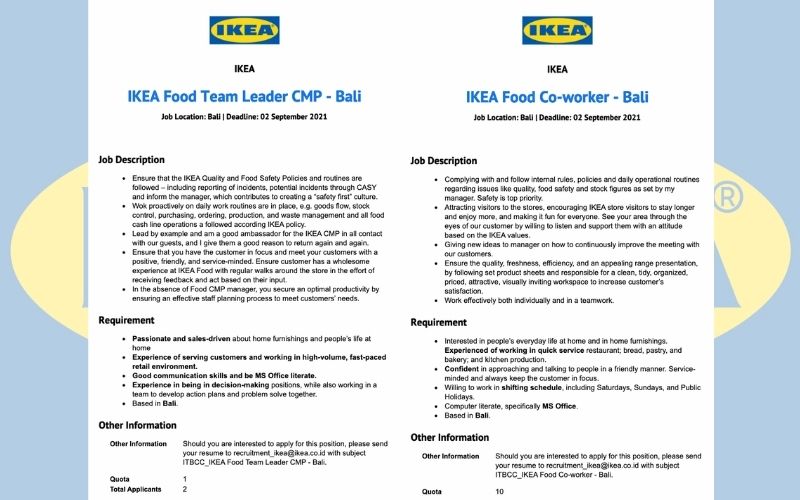 Screengrabs of postings for IKEA jobs in Bali. 