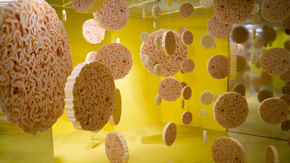 Noodle cutouts hanging from the ceilings at the experiential playground at Tekka Centre. Photo: Carolyn Teo/Coconuts
