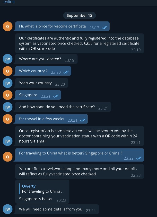 Telegram exchange between buyer and seller of fake Singapore vaccine certificate. Photo: Check Point