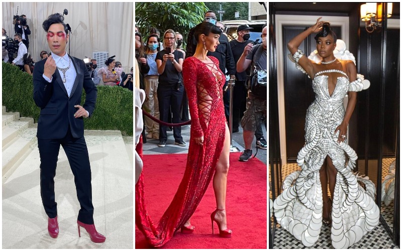 From left: Eugene Lee Yang, Megan Fox, and Gabrielle Union at the Met Gala 2021. Photos: Metropolitan Museum of Art, Nikolikeslife/Twitter