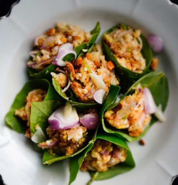Miang Mhak (prawns and wild ginger wrapped with coral leaves). Photo: Aksorn / Facebook