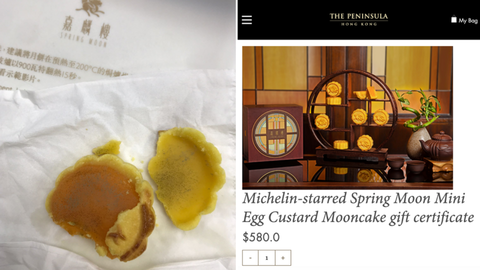 Pictures on social media show mold spots and fuzz on the egg custard filling of the Peninsula Hotel mooncakes. Photos: Facebook (left), Peninsula Hotel (right)