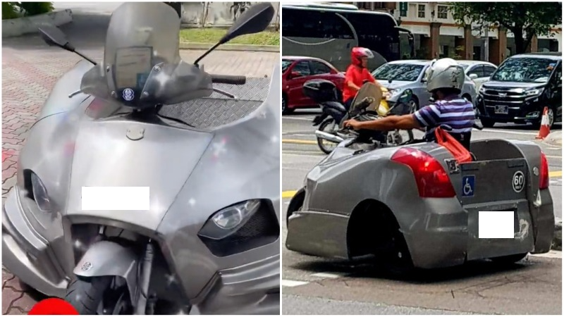 At left, the custom vehicle spotted in Toa Payoh, and it in action, at right. Photos: Rickyd21212/TikTok, Thelocalsociety/Facebook
