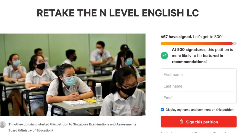 An online petition asking for the English listening exam to be re-administered. Image: Change.Org
