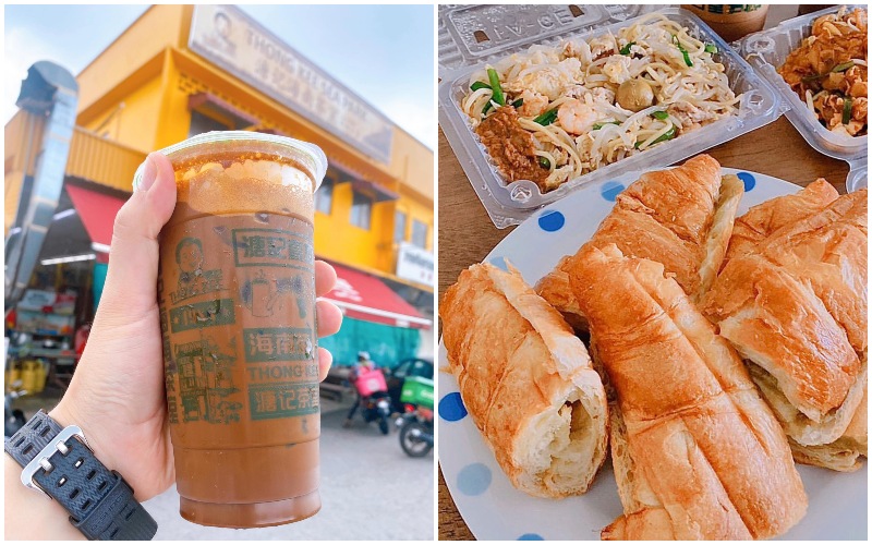 A large cup of Thong Kee beverage, at left, croissants and fried noodles, at right. Photos: Thong Kee/ Facebook