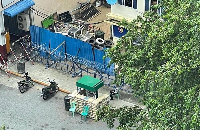 A recent photo of the security outside the Kyauktada Police Station on Yangon’s Sule Pagoda Road. Photo: Spring Revolution Myanmar / Facebook