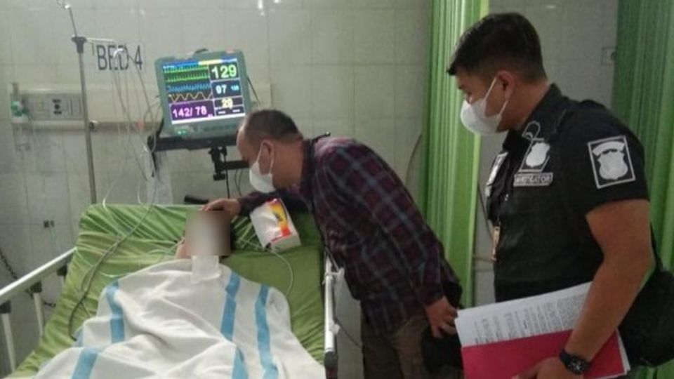 The 12-year-old victim, identified by his initials AF, at the hospital. He fractured his neck after at least three of his seniors, along with a junior, allegedly beat him up at their school in Musi Rawas regency on Monday last week. Photo:  Istimewa