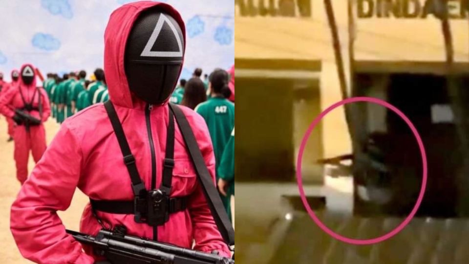 A scene from South Korean survival drama ‘Squid Game,’ at left, and a video clip shows that a police officer inside the Dindaeng Police Station shot at a protester, at right.
