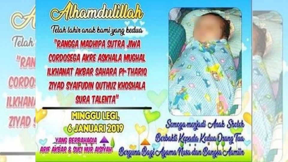 Cordo was born in January 2019 but he has yet to receive his birth certificates and other essential government-issued documents because his parents came up with a whopping 18 names for him, as seen in this birth announcement, causing some issues with the civil registry. Photo: Istimewa