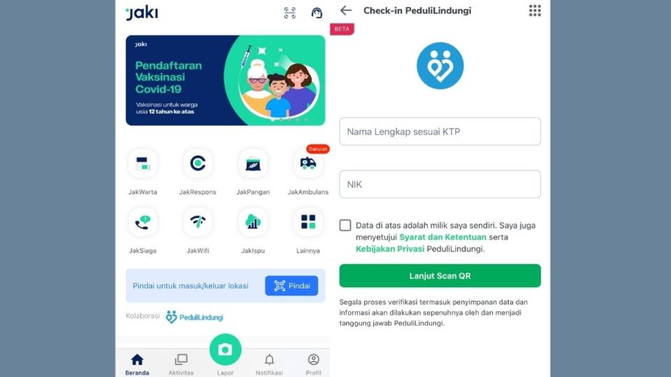 Indonesia’s Health Ministry says people shouldn’t worry about the security of their personal data now that screening features of the government’s PeduliLindungi app have been integrated into 15 major apps. Pictured: PeduliLindungi on Jaki (L) and Tokopedia (R).