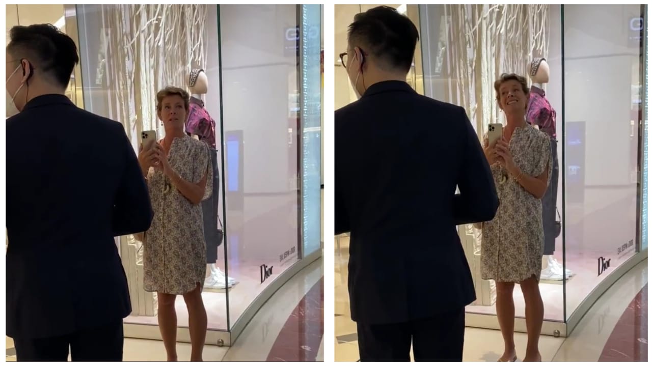 An unidentified, maskless woman complains to staff Wednesday outside a Dior outlet at Suria KLCC. Images: DFEfiercefun/Twitter
