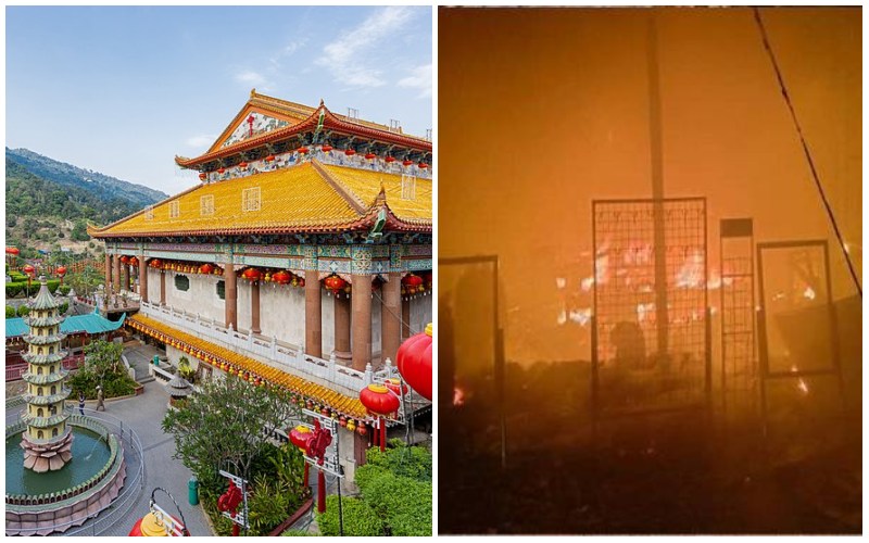 The Kek Lok Si Temple, at left, and the temple on fire, at right. Photos: Supanut Arunoprayote, Sinar Harian