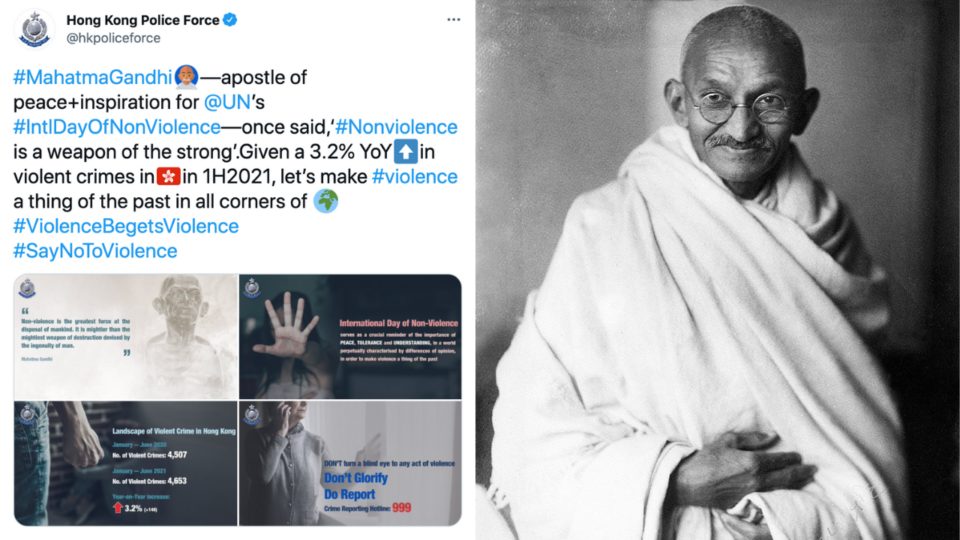 Hong Kong police shared a quote from passive resistance activist Mahatma Gandhi amid rising crime rates in the city. Photos: Twitter/Hong Kong Police Force (left), Wikimedia Commons (right)