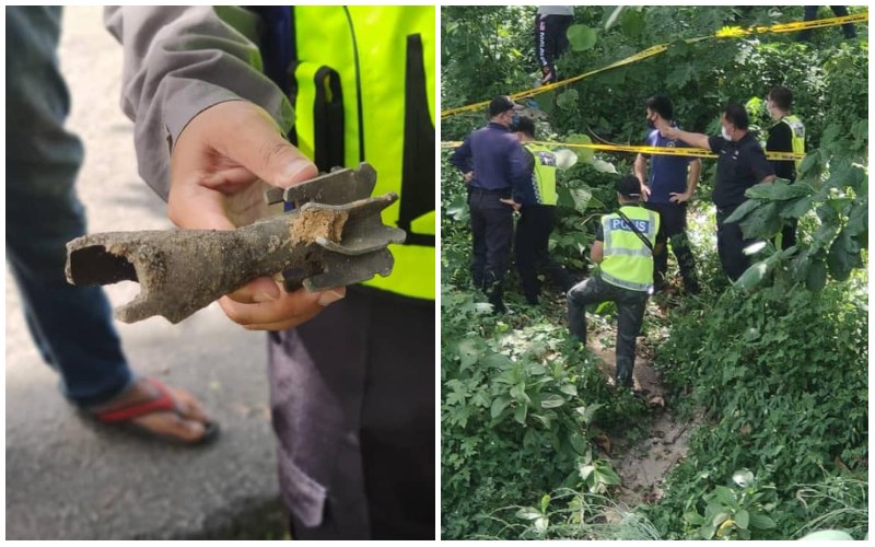 The defused mortar bomb, at left, and the police at the site where the bomb was found, at right. Photos: Syed Mohd Noor Hisam/Facebook
