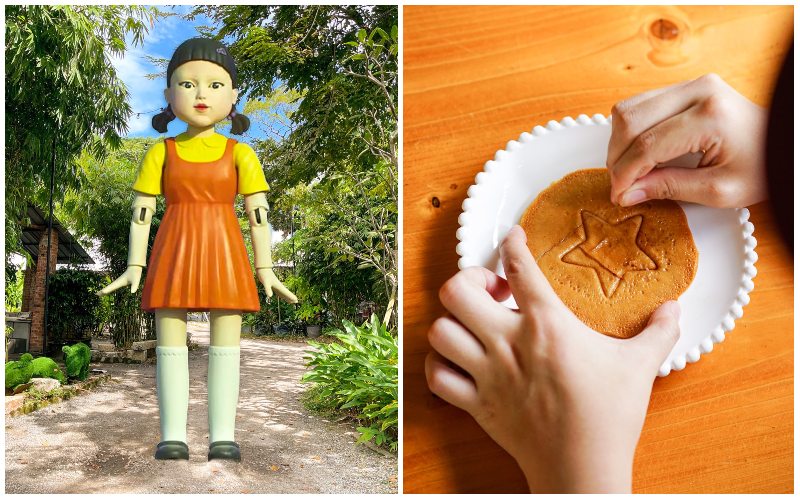 ‘Squid Game’ doll edited at the entrance of Tian Yuan cafe, at left, and a person trying to carve out a star shape from hardened sugar, at right. Photos: Tian Yuan/ Facebook
