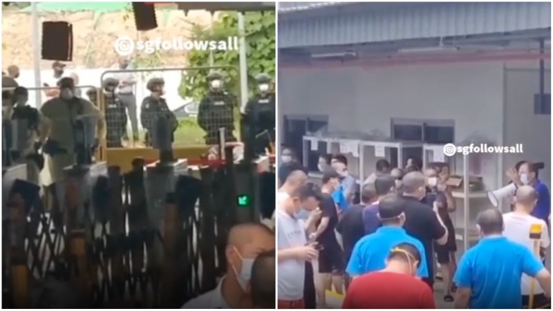 Migrant workers protest Wednesday at a dormitory in Jurong. Photo: Sgfollowsall/Instagram
