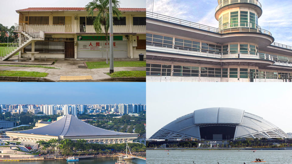 (Clockwise from top left) A building in the Dakota Crescent estate, Kallang Airport, the Singapore Indoor Stadium and the National Stadium. Photo: Thesnappingturtle_/ Instagram, i.am.greg.nichelsen / Instagram, Singapore Sports Hub