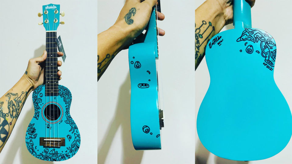 The ukulele sold by Kyar Pauk featuring his doodle art. Photos: Kyar Pauk