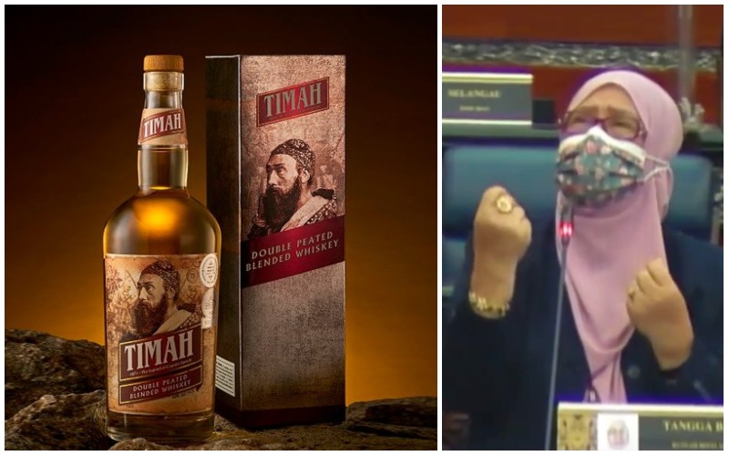 Product image of Timah whiskey, at left, and Rusnah Aluai speaks up for women named ‘Timah’ in Parliament Thursday. Photos: Winepak Corporation Sdn Bhd., Parlimen Malaysia/YouTube
