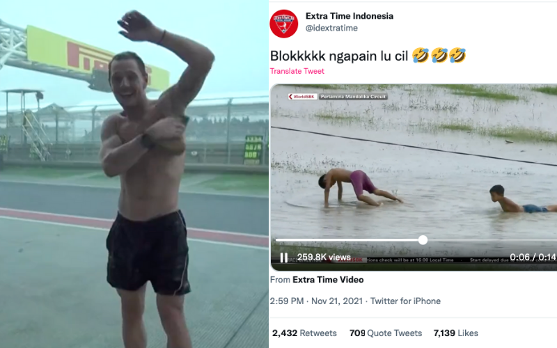 Left, screengrab of video showing Swiss racer Dominique Aegerter “showering” in the rain. Right, a live TV broadcast of WSBK showed a couple of kids playing in the water puddle.  